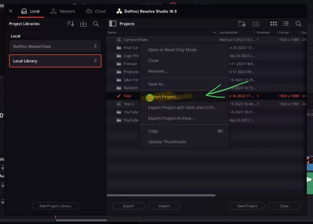 To save all the Presets from the Audio Track outside of DaVinci Resolve (Because the Preset Library has no export feature) go to the Project Manager and export the current Project.