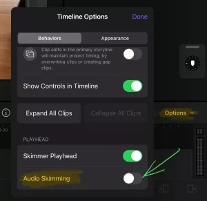 In the Options Menu scroll down and you can also enable or disable the Audio Skimming.