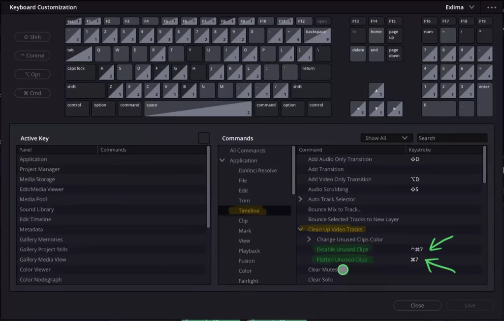 Open the shortcuts menu (Option + Command + K) and go to Timelines and “Clean Up Video Tracks”. Here give “Disable Unused clips” and “ Flatten Unused clips” a shortcut.