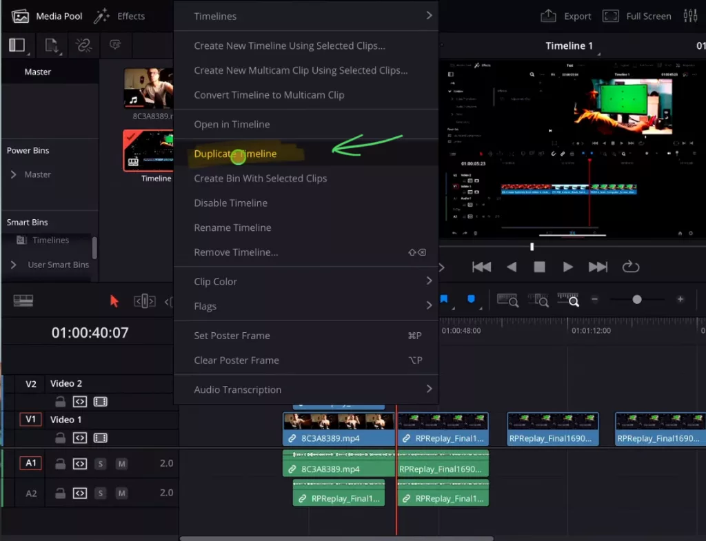 To duplicate a Timeline right click on the Timeline in the Media Pool and choose “Duplicate Timeline” from the menu.