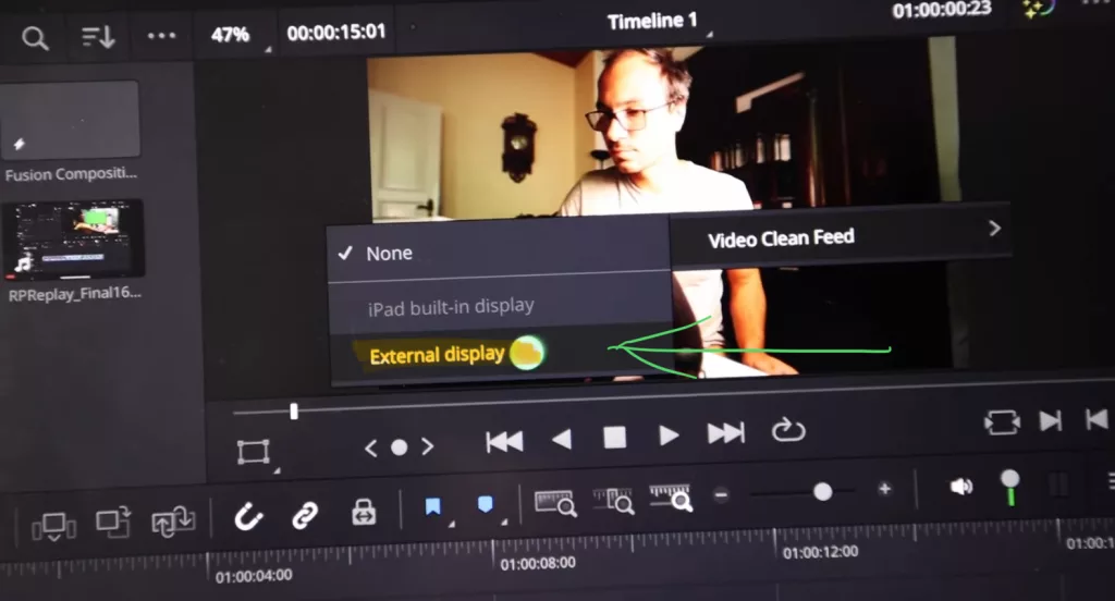 In DaVinci Resolve for iPad right click (Longer Press with Apple Pencil) and go to “Video Clean Feed” and then select your “External Display”.