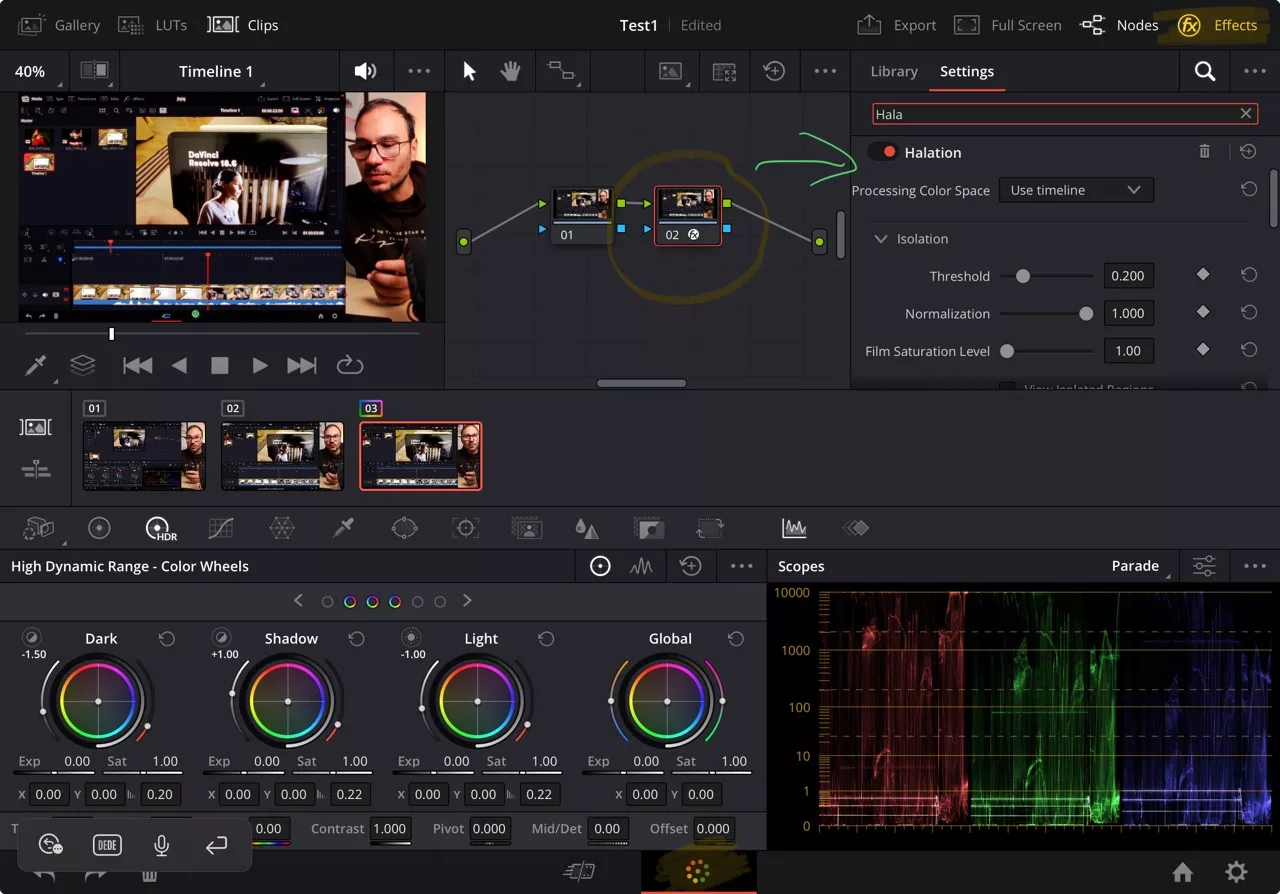 For this example on my second Node i use the Effect “Halation” which has a lot of settings.