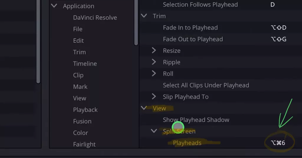 Open the Shortcuts Menu “Option + Command + K” and search for Playhead. Scroll down until you see View, Split Screen and give Playheads a shortcut.