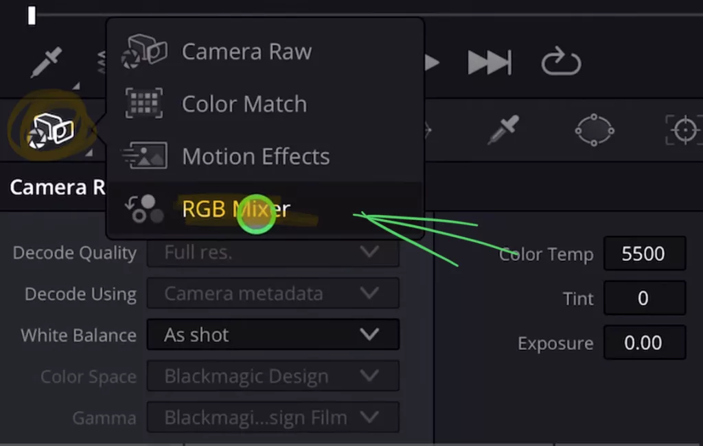 In the Color Page right click on the first icon on the left and you will see some hidden features. Like the RGB Mixer.