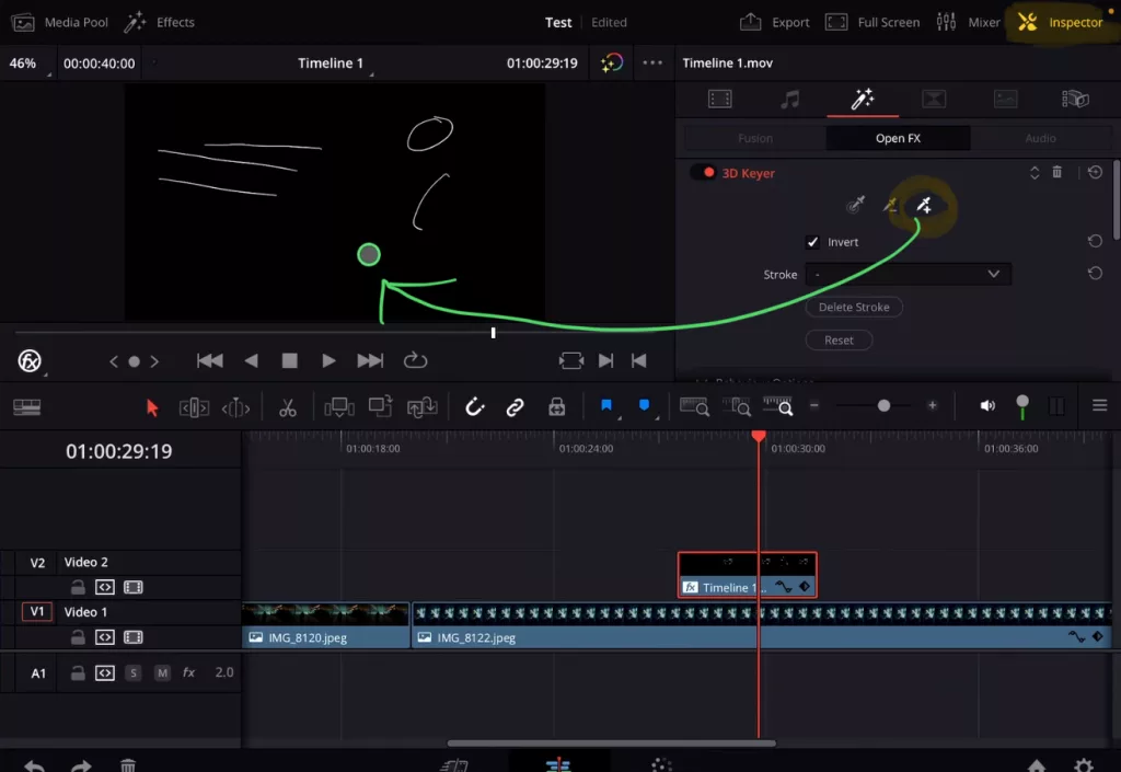 Select the Animation Clip and open the Inspector and go to the 3D Keyer effect settings. Click on the Pipet + icon and then select the Black Background in the Viewer.