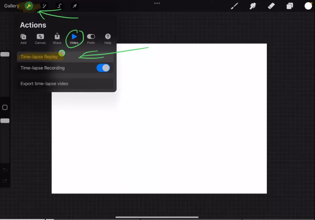 Procreate has a build in Time-lapse feature that save all the steps that you do. Activate this under Settings, Video and toggle on the “Time-lapse Recording”.