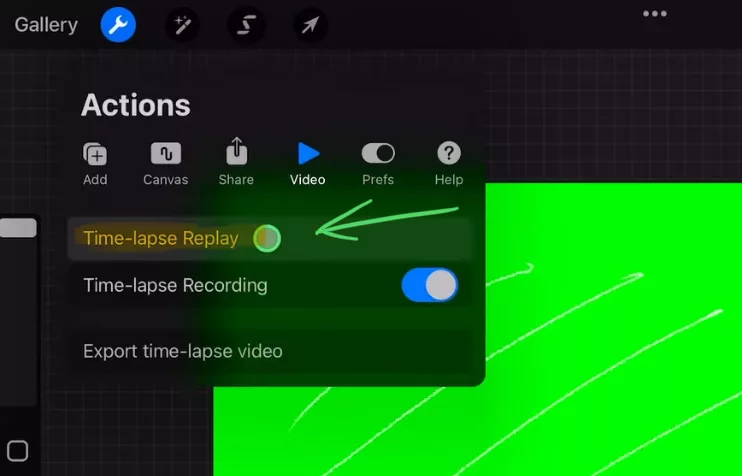 To see the Recording inside of Procreate click on “Time-lapse Replay”.