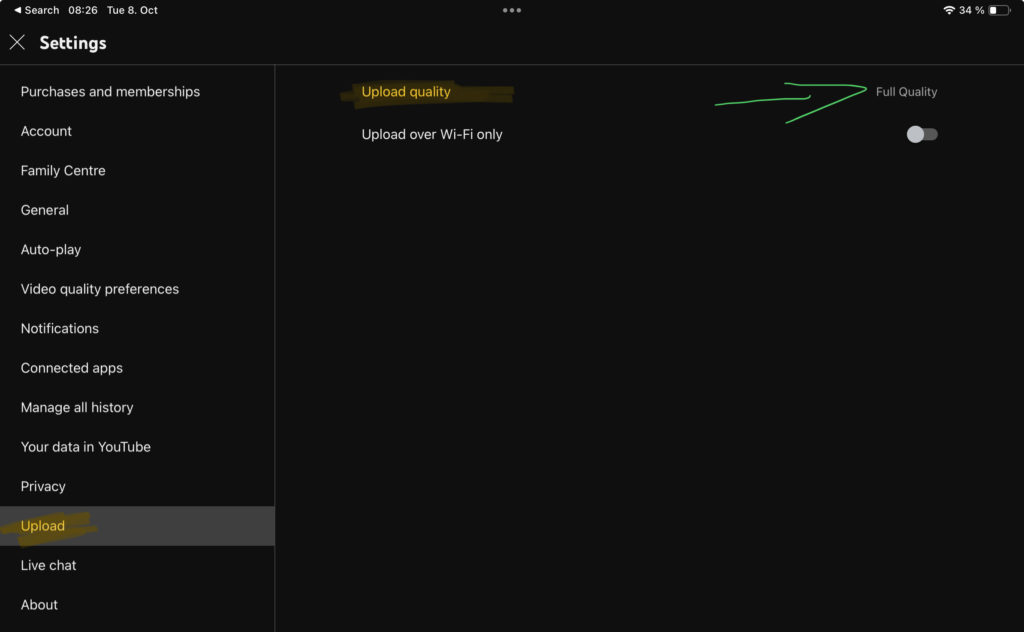 Navigate to “Upload” and change the Upload Quality to “Full Quality”.