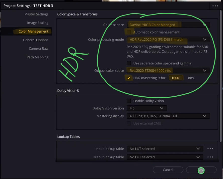 Change Color Managment to the Color Space for a HDR Timeline.