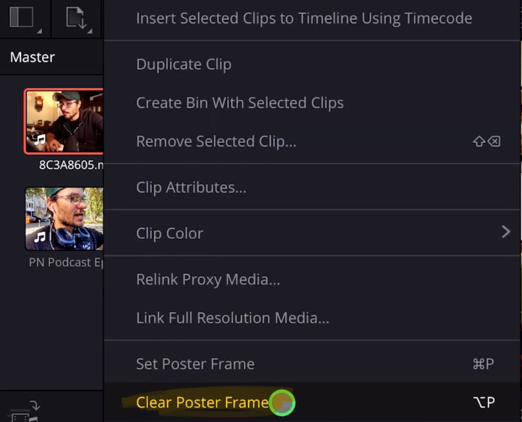 To clear a Poster Frame right click and select “Clear Poster Frame”.