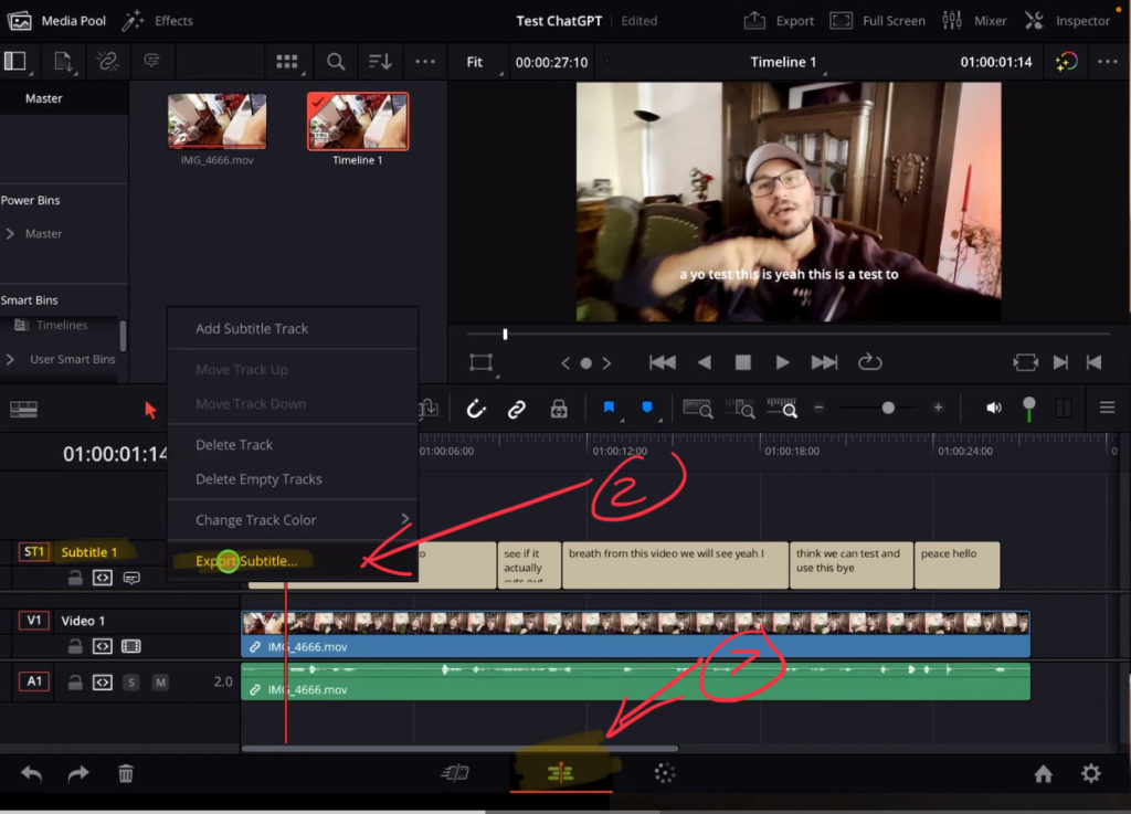 To export the Subtitle open the EDIT PAGE and right click on the subtile track and select “Export Subtitle…"