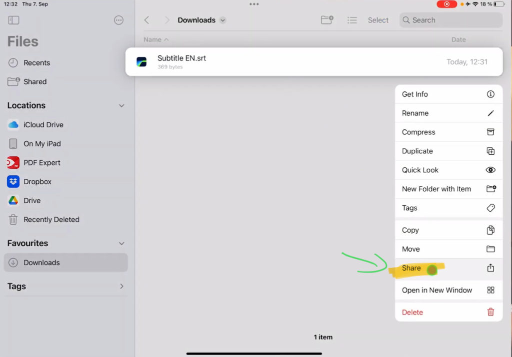 Open the Subtitle SRT File in the Files App with an app that can read it.