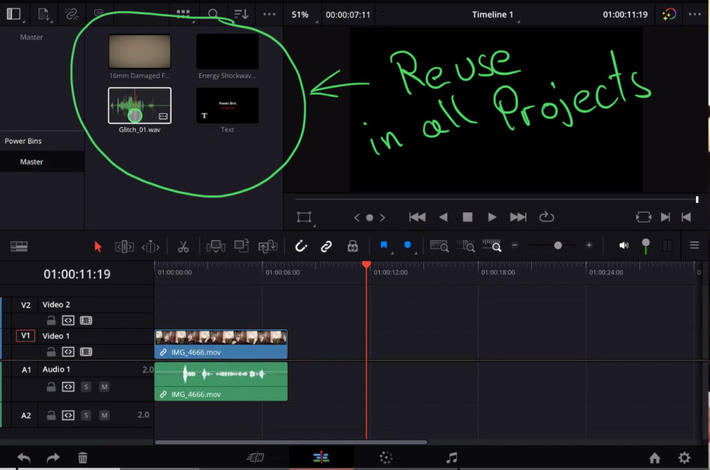 Everything you place inside the Power Bins will be available in all of your Projects in the current DaVinci Resolve Library. Perfect for Transitions, Logos and everything you have to reuse alot.