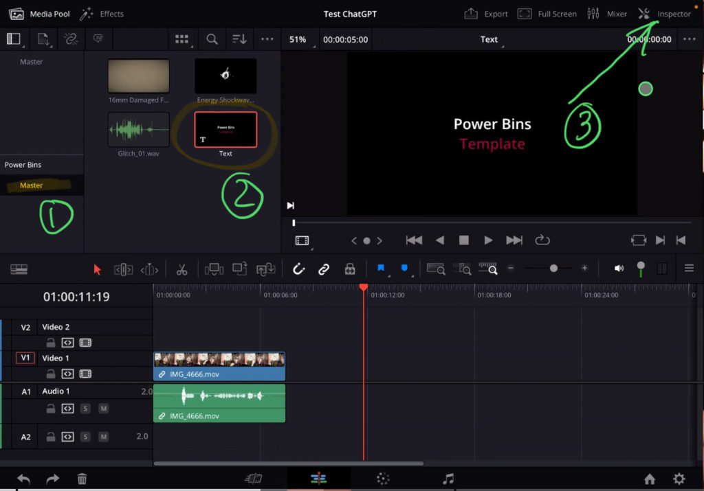 Instead of doing this every single time. Do these steps before you bring the Logo to your Timeline to save these changes directly into the Power Bin Clip. Select the Clip in the Power Bin and open the Inspector.