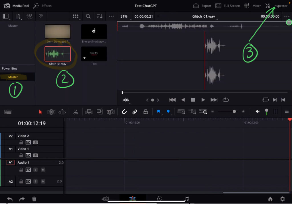 Again, select the clip (the SFX) in the Power Bin and open the Inspector.