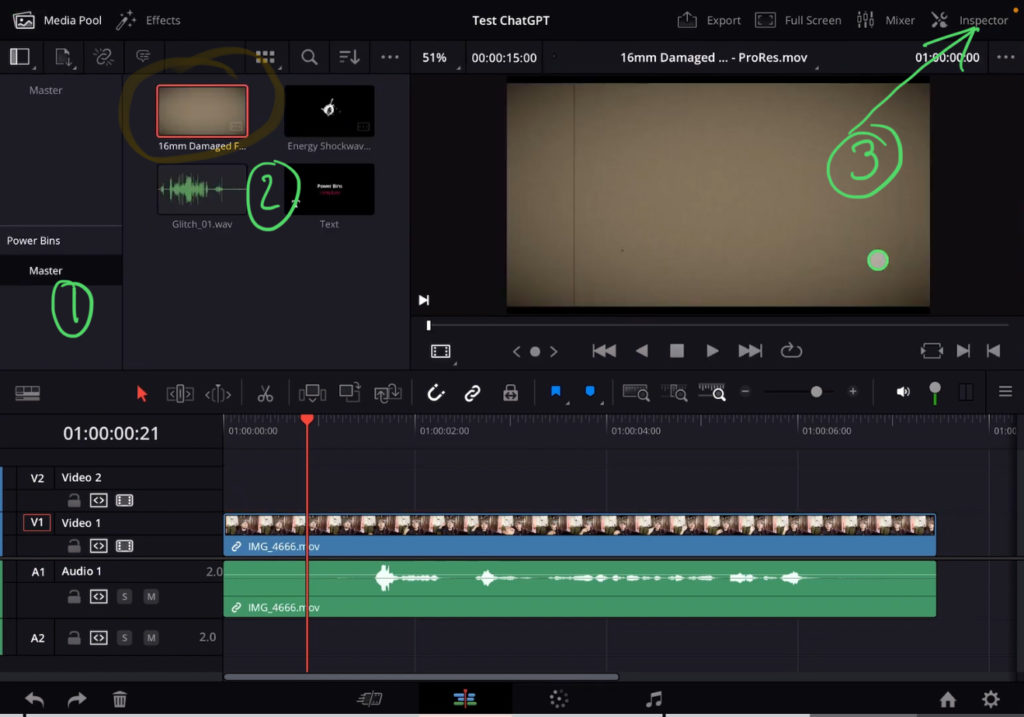 But instead of doing this every single time you bring in the effect to the timeline, we can apply these changes even before. Select the clip in the Power Bin and open the Inspector.