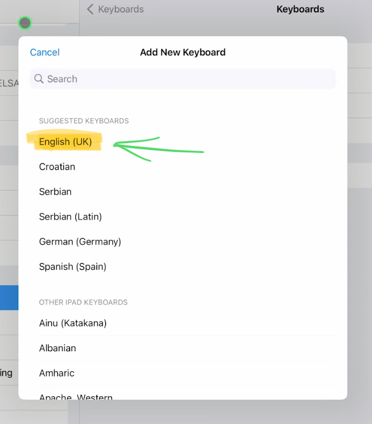 Search and select the “English (UK)” Keyboard.