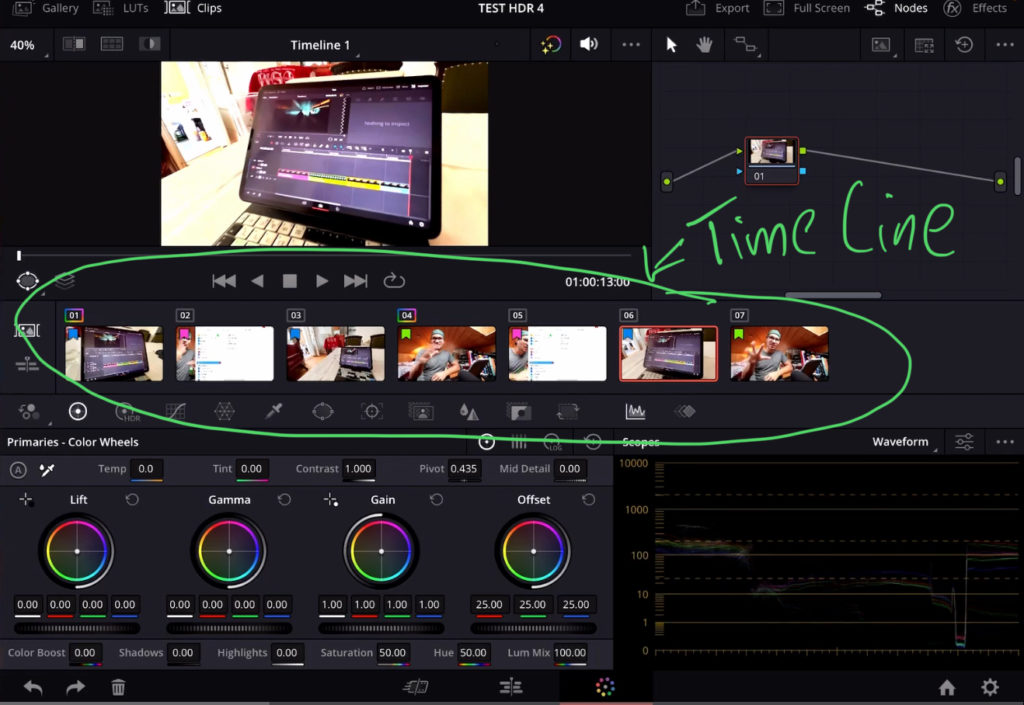 By default all the Clips in the Color Page of DaVinci Resolve on the iPad are shown in the arrangement like in the Timeline.