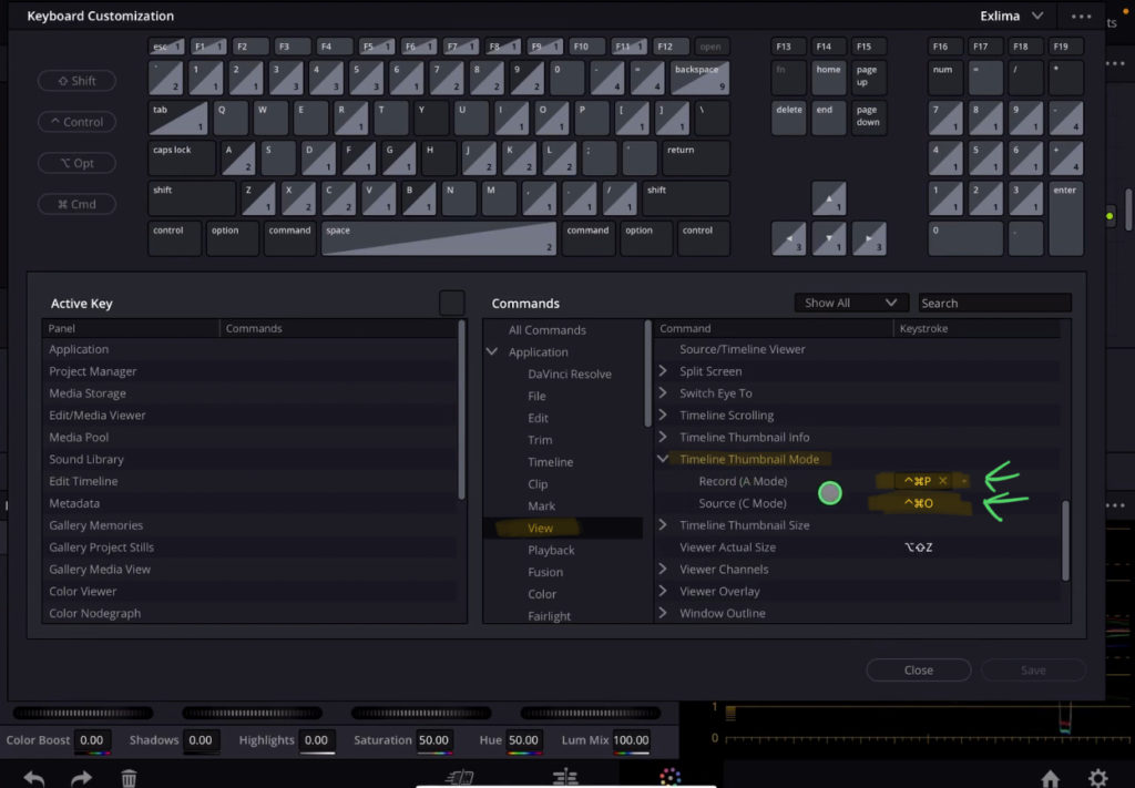 Open the Keyboards Shortcuts Menu (Option + Command + K) and under Application/View you will find “Timeline Thumbnail Mode”. Give both Commands a Shortcut. Record (A Mode) and the Source (C Mode).
