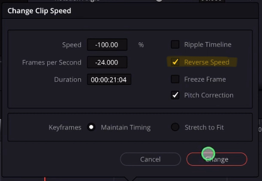 This will open a new window where you can change the clips speed and do all kind of things like for example the Freeze Frame. To simply show the clip in reverse click the check box next to “Reverse Speed”.