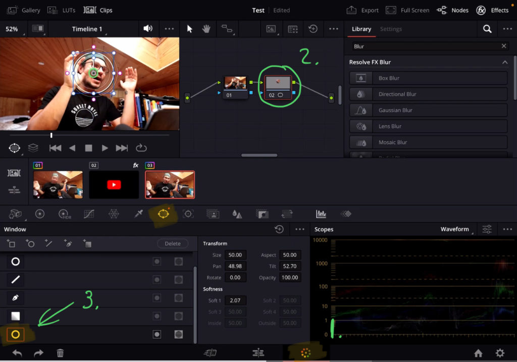 To blur a face go to the Color Page and add a new Node (Shift + S) and add a circle window to that node.