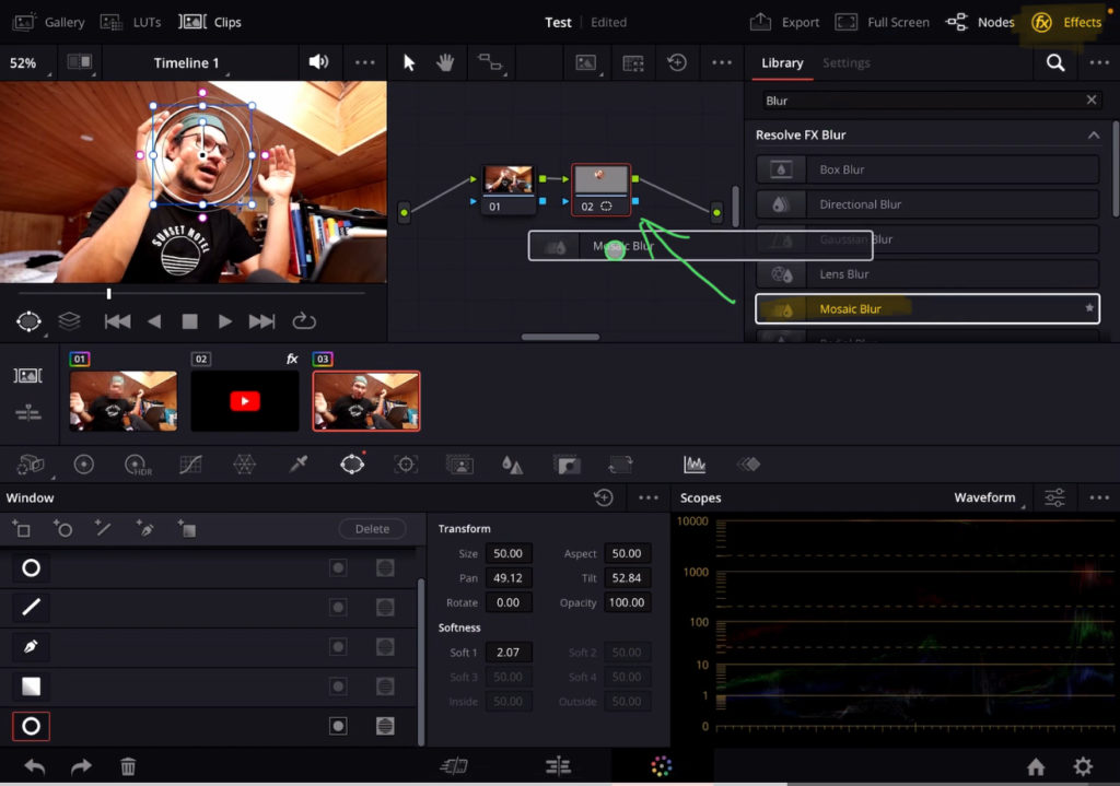 In the Effects Tab search for the “Mosaic Blur” and add it to the Node.