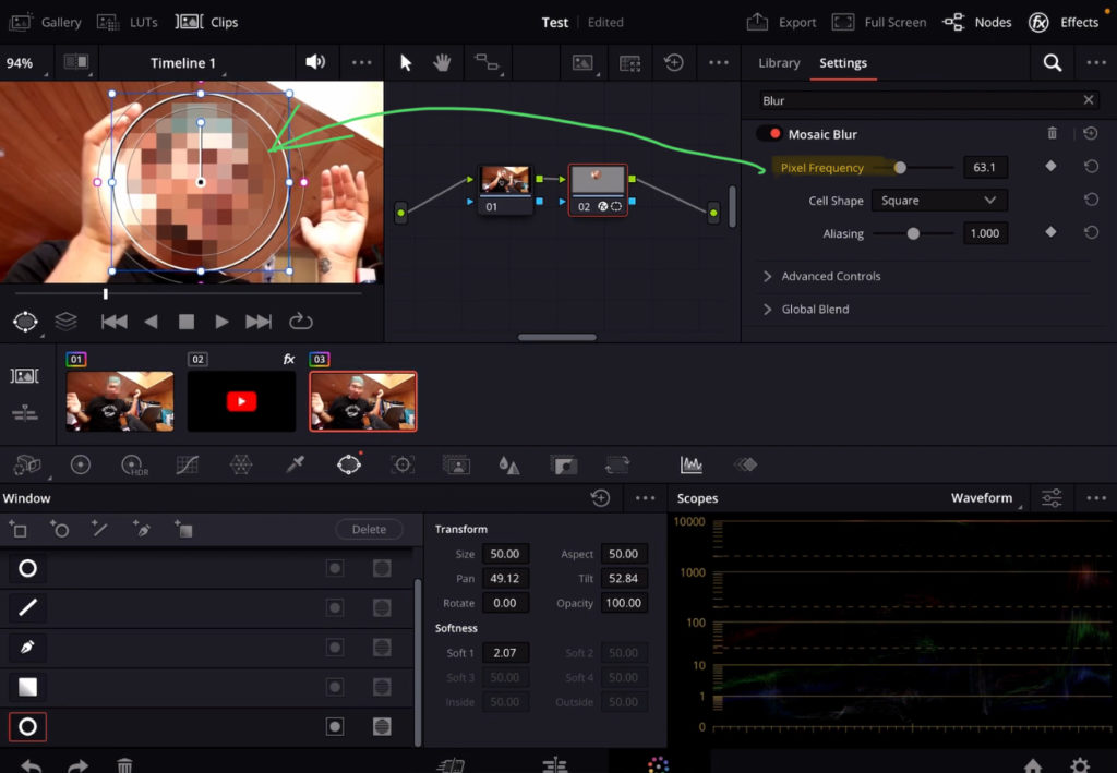 Select the Node and like before you can change the settings for the Mosaic Blur. Change the “Pixel Frequency” to make the mosaic stronger or soft.