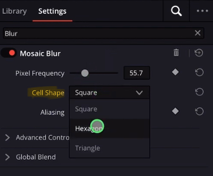 There are some cool options for the Mosaic Blur. When you change the “Cell Shape” you can change the Pixel Shape from Square to Hexagon or Triangle.