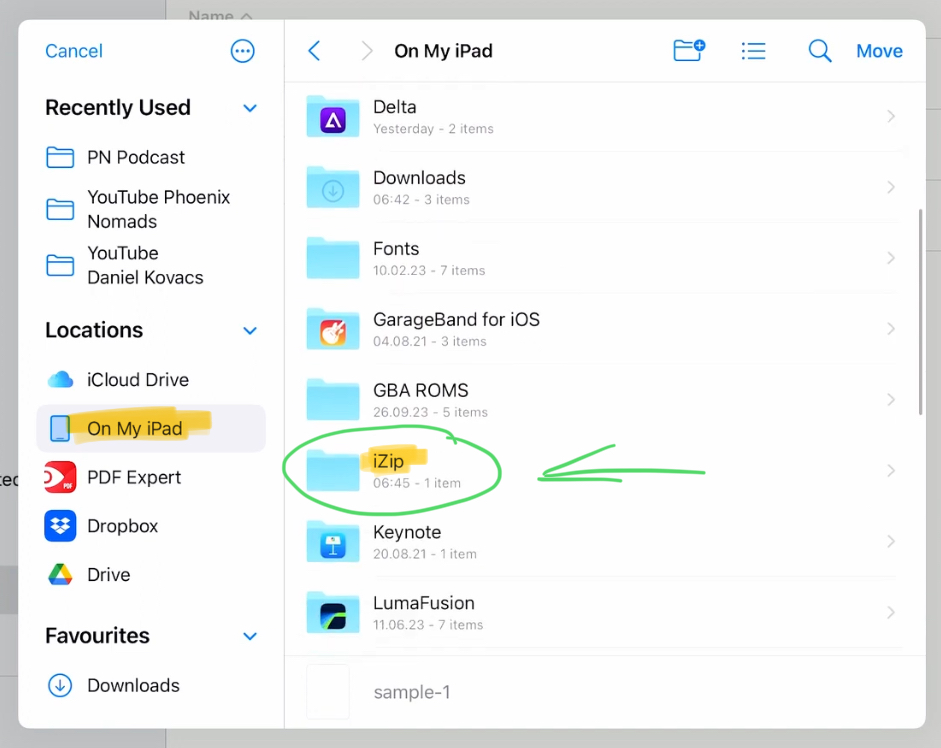 Go to the “íZip” Folder under the On my iPad Location and copy or move the file there.