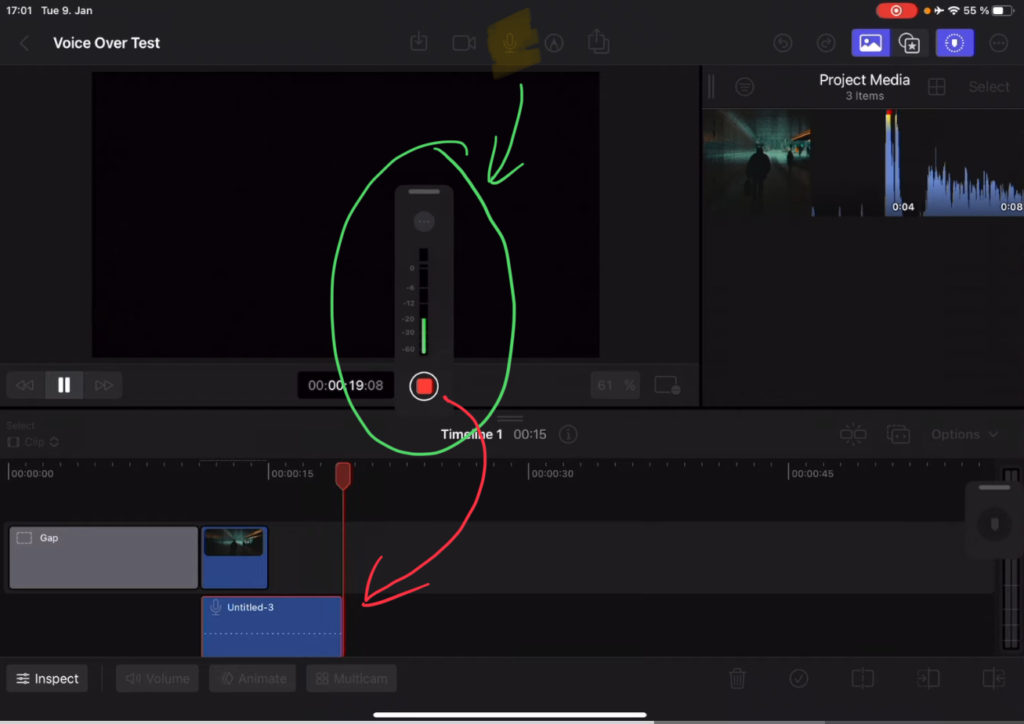 To do a Voice Over in FCP for iPad click on the microphone icon on the top. This will open the Voice Over window.