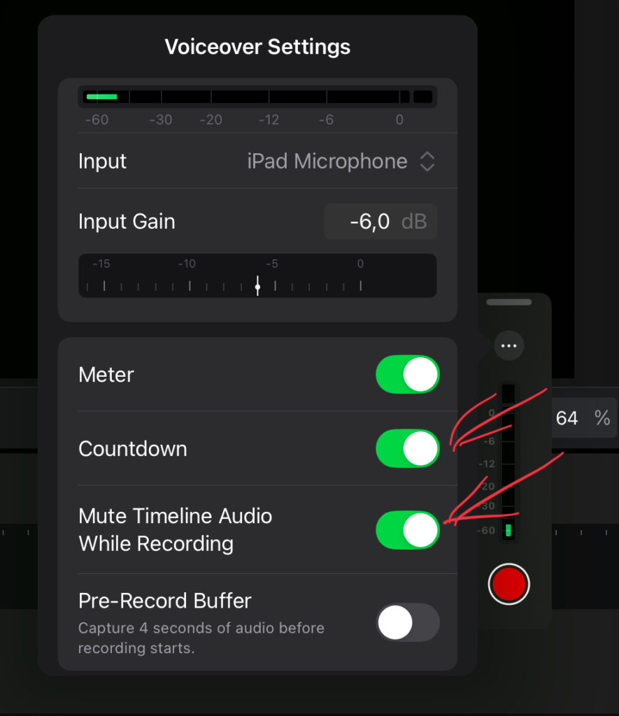 When you click on the three dots of the recoring window you will see the Voice Over settings.