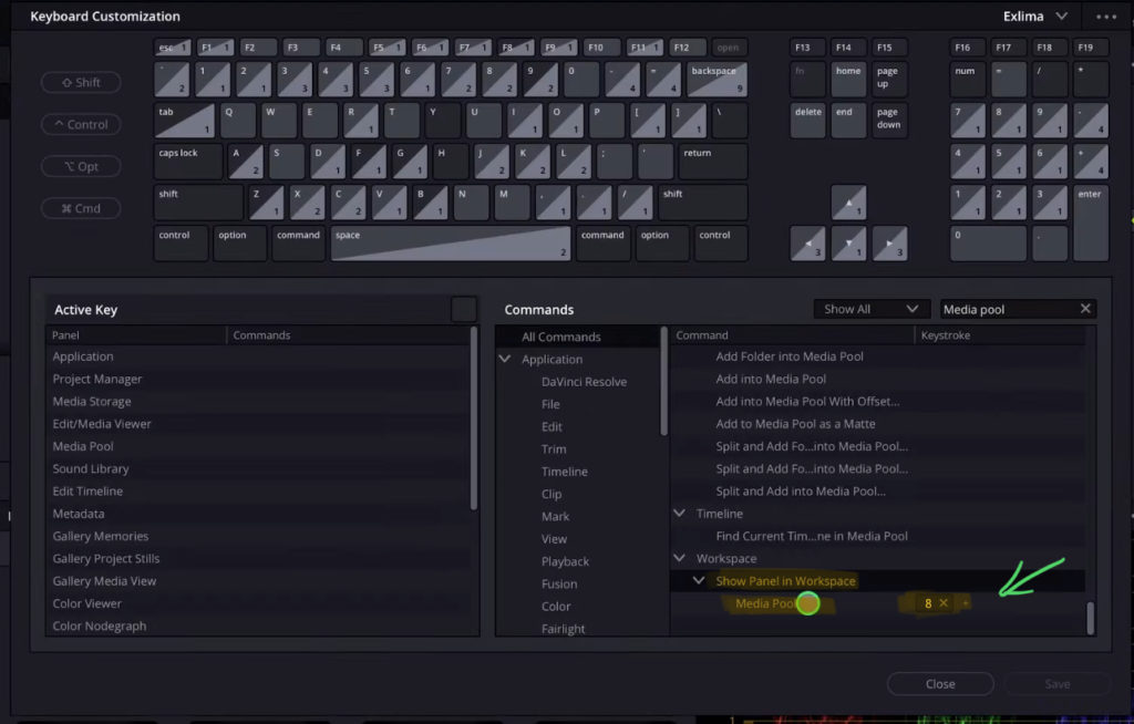 Open the Shortcuts Menu (Option + Command + K) and search for Media Pool. Scroll all the way down until you see “Show Panel in Workspace”. Here give the function called “Media Pool” a Shortcut.