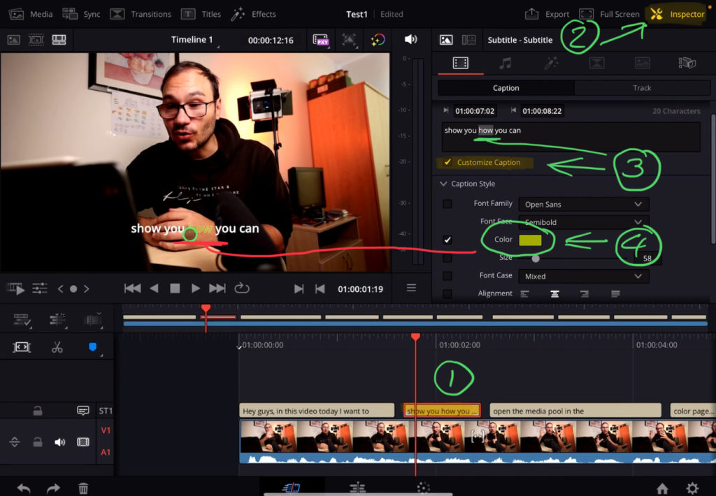 To only change a individual Subtitle select the Subtitle and open the inspector. Activate the Checkbox for “Customize Caption”. Then highlight the word in the subtile you want to change. And then do the changes you want. In my example i change the color for the word “how”.