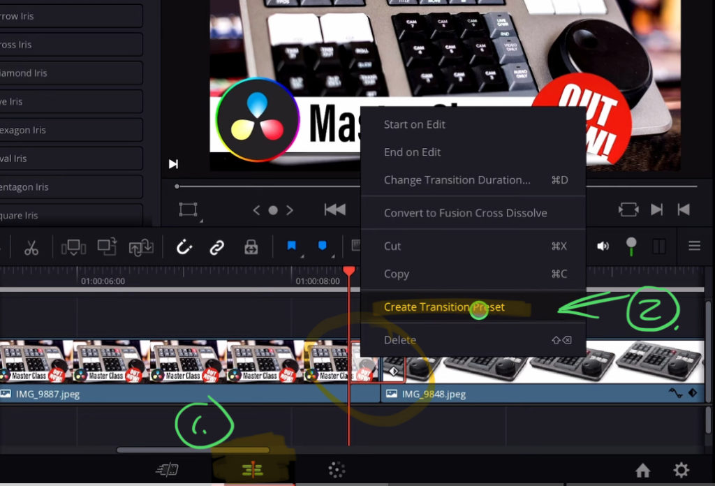 Open the EDIT PAGE from DaVinci Resolve and then right click on the Transition and choose: "Create Transition Preset”.