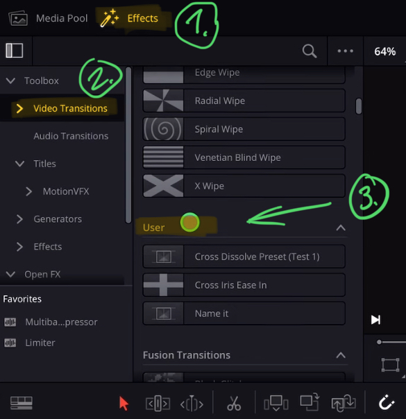 To apply your own Custom Transition Presets go to the Effects Tab and inside the Video Transitions scroll down until you see the Category “User”.