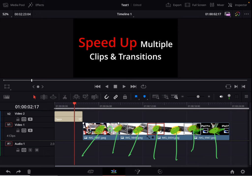 Let’s say you have a part in your timeline with clips and added transitions, even custom transitions, but after you are done you realise you want to speed up the entire part. With all the transitions and clips.