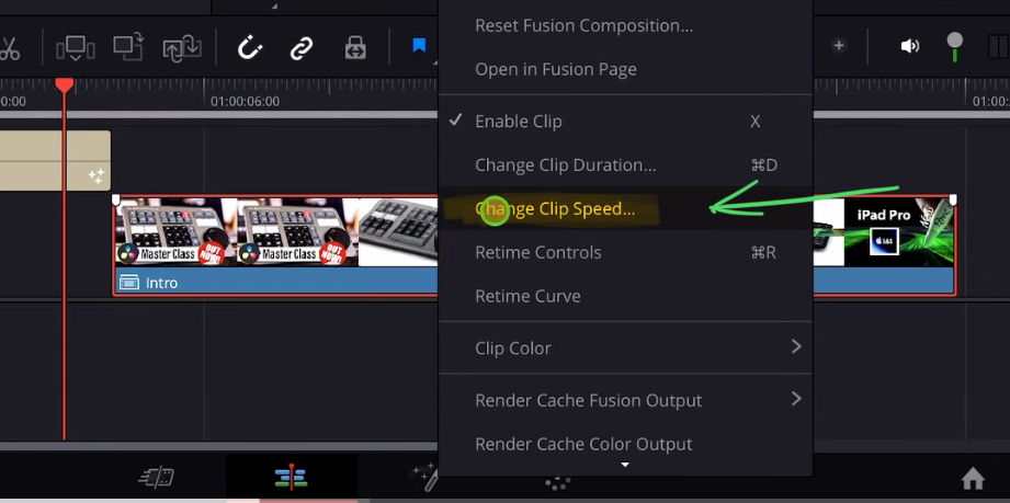 To change the speed you simply select the compound clip and right click and choose “Change Clip Speed…”.