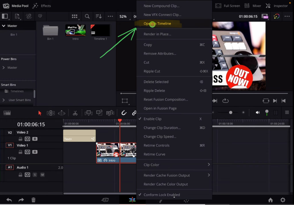 To change the content inside the compound clip select the compound clip and in the EDIT PAGE right click and choose: “Open in Timeline”.