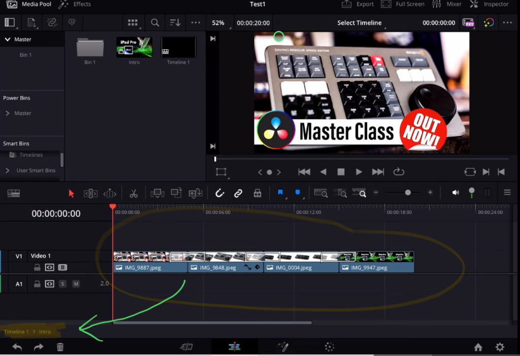 Now the Compound Clip Content is visible in the Timeline. You can see that you are in a timeline on the bottom left of DaVinci Resolve. In my example it shows me “Timeline 1 > Intro” Because my Compound clip is called Intro and sits in Timeline 1. To go back to my Timeline simply double click on the Timeline 1 text. Or open the Timeline 1 from the Media Pool.