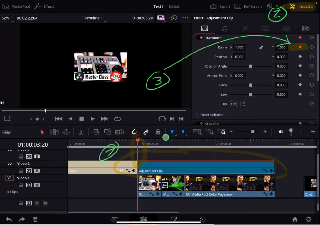 First Keyframe Position: Select the Adjustment Clip and bring the Playhead to the beginning of your clips. And in the Inspector add the first Zoom Keyframe, by clicking the dot on the left side to the zoom value.