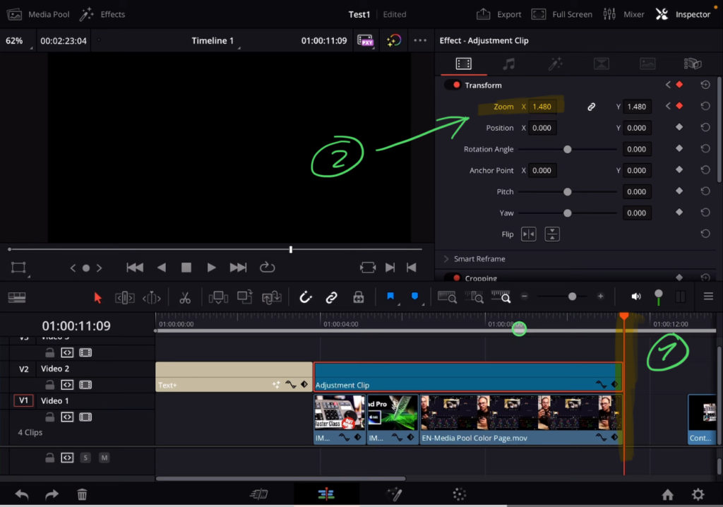 Second Keyframe: Bring your playhead to the end position and change the Zoom value for the Adjustment clip to the value you want.