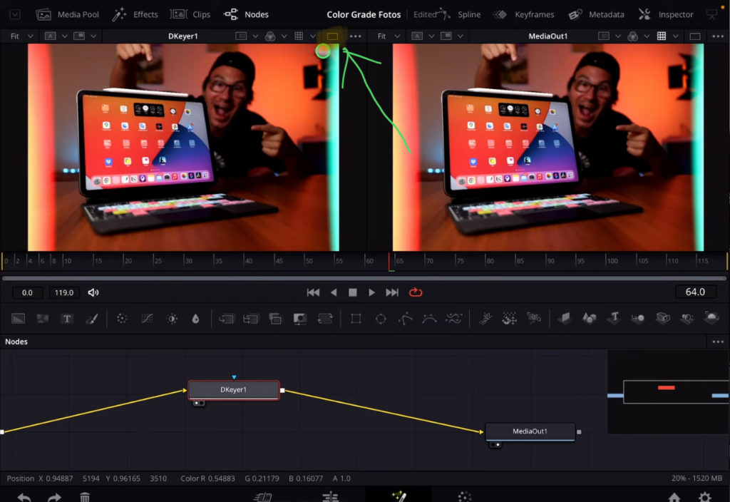Now i view the changes of my node on the left side viewer. And you can toggle on/off single or dual viewer mode. With the icon on the top.
