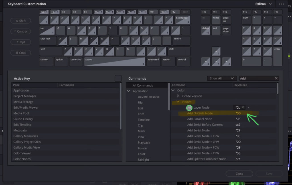 Open the Shortcuts Menu (Option + Command + K) and search for “Add” and under Nodes you see all the different Nodes we can create. And by default there is even a Shortcut for Outside Node (Option + O).