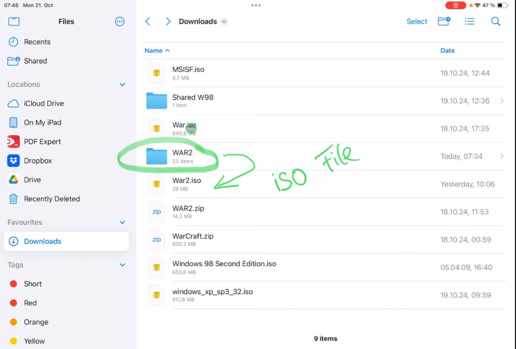 In my Files App on my iPad i have a Folder with all the Warcraft Files. I want to create an ISO File from that Folder so i can load it into the Virtual Machine.