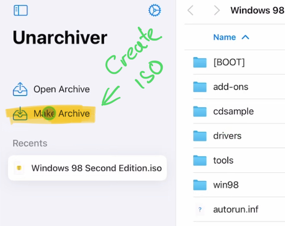 To create an ISO File click on “Make Archive”.