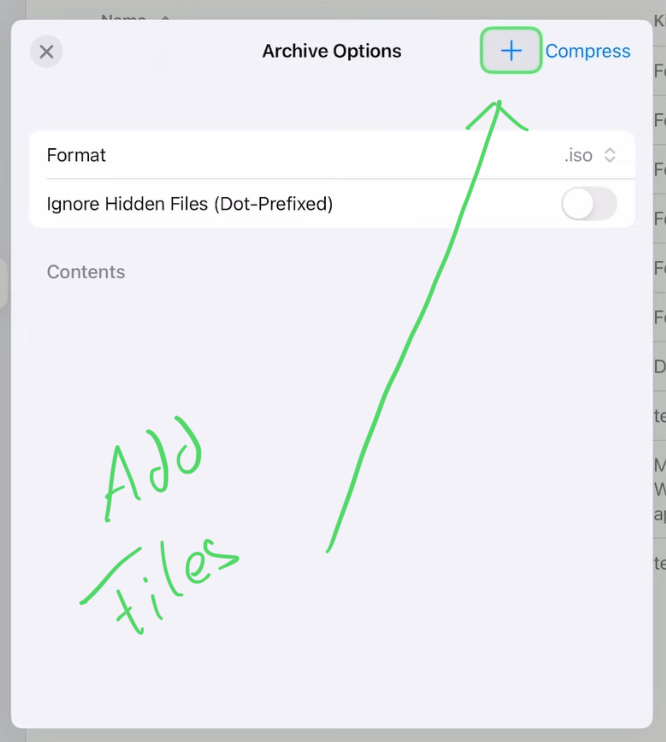 To add files and folders to the archive click on the plus icon.