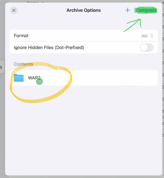 Now you see the Folder in the Content list. You could add additional folders and files. When done click on “Compress”.
