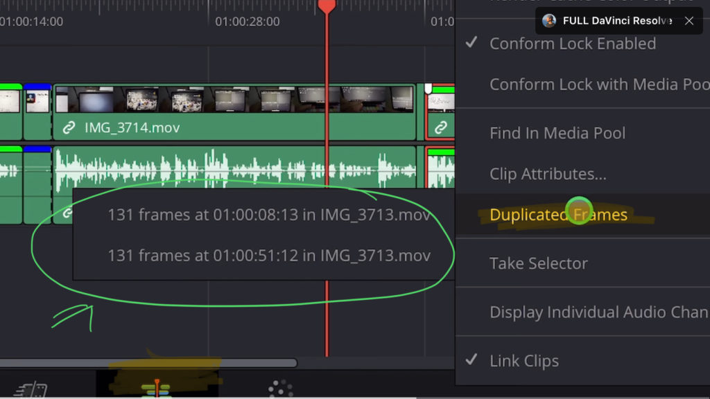 In the EDIT PAGE (not the CUT PAGE) you can right click on a clip and scroll down to “Duplicate Frames” to see how many frames from that selected clip exist in the Timeline.