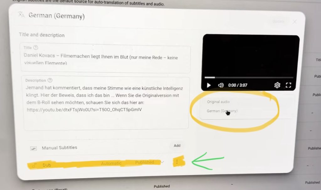 Another Window opens where you can even listen to the original or the dubbing version (select it below the Video Preview). You also see the Dubbing on the bottom. Click on the 3 dots.