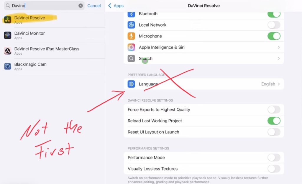 Open the iPad Settings and search for “DaVinci Resolve”. But it’s not the first “Language” you see… keep scrolling.